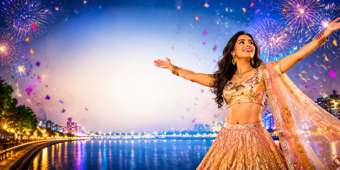 Ahmedabad riverfront nightlife with Bollywood themed deposit graphics